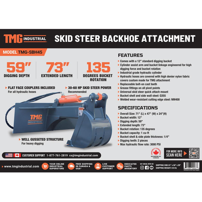 TMG Industrial Skid Steer Backhoe Attachment, 12” Bucket Included, 30-60 HP Carriers, 59” Digging Depth, TMG-SBH45