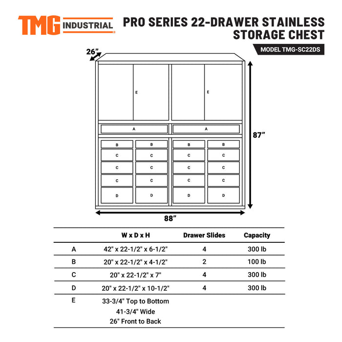 TMG Industrial Pro Series 7-Ft 22 Drawer Stainless Steel Storage Chest w/Brushed Aluminum Handles, Top Cabinets, All-in-One Welded Frame, Keyed Alike Locks, TMG-SC22DS