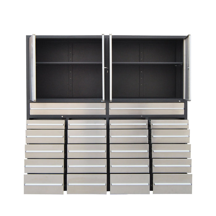 TMG Industrial Pro Series 7-Ft 22 Drawer Stainless Steel Storage Chest w/Brushed Aluminum Handles, Top Cabinets, All-in-One Welded Frame, Keyed Alike Locks, TMG-SC22DS