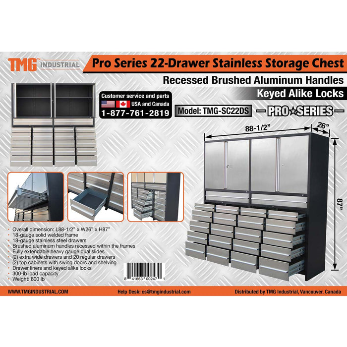 TMG Industrial Pro Series Coffre de rangement en acier inoxydable à 22 tiroirs de 7 pieds avec poignées en aluminium brossé, armoires supérieures, cadre soudé tout-en-un, serrures à clé identique, TMG-SC22DS