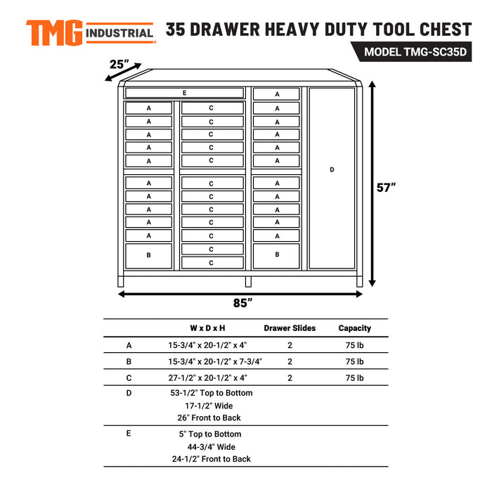 TMG-SC35D Coffre de rangement d'outils 35 tiroirs 85'' pour ateliers et garages