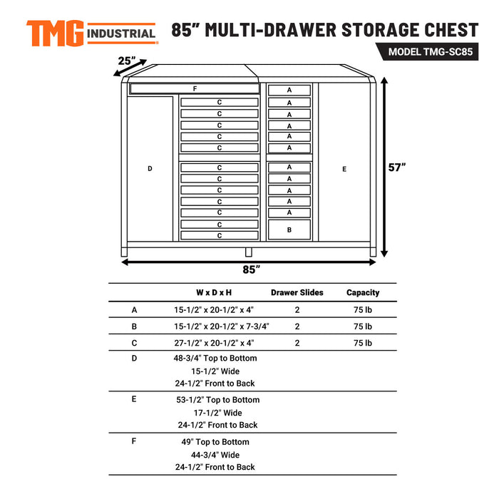 TMG-SC85 Coffre de rangement à outils multi-tiroirs 85" pour ateliers et garages