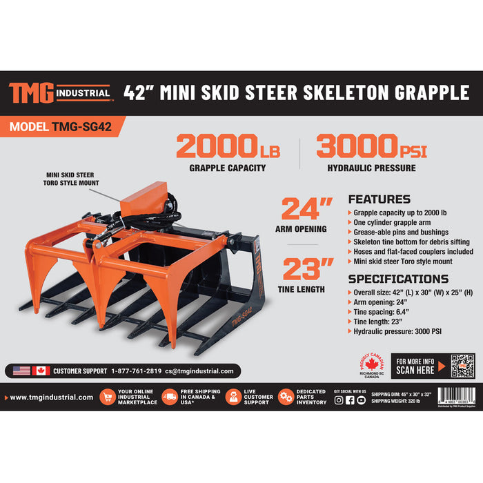 TMG Industrial 42" Mini Skid Steer Skeleton Grappin Attachment, Toro Style Mount, Ouverture de bras de 24", Capacité de poids de 2000 lb, TMG-SG42