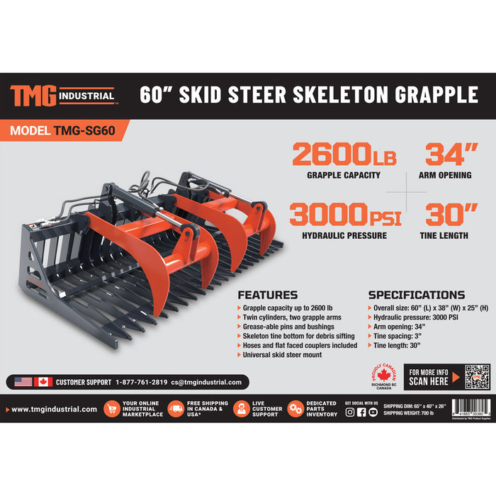TMG Industrial 60" Skid Steer Skeleton Grappin Attachement, Montage universel, Ouverture de bras de 34", Espacement des dents de 3", Capacité de poids de 2600 lb, TMG-SG60
