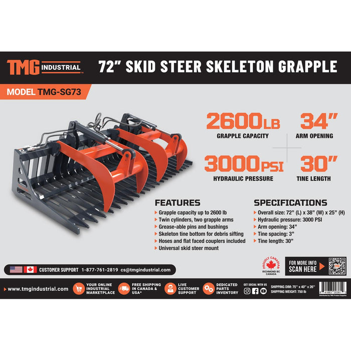 TMG Industrial 72" Skid Steer Skeleton Grappin, montage universel, ouverture de bras de 34", espacement des dents de 3", capacité de poids de 2600 lb, TMG-SG73