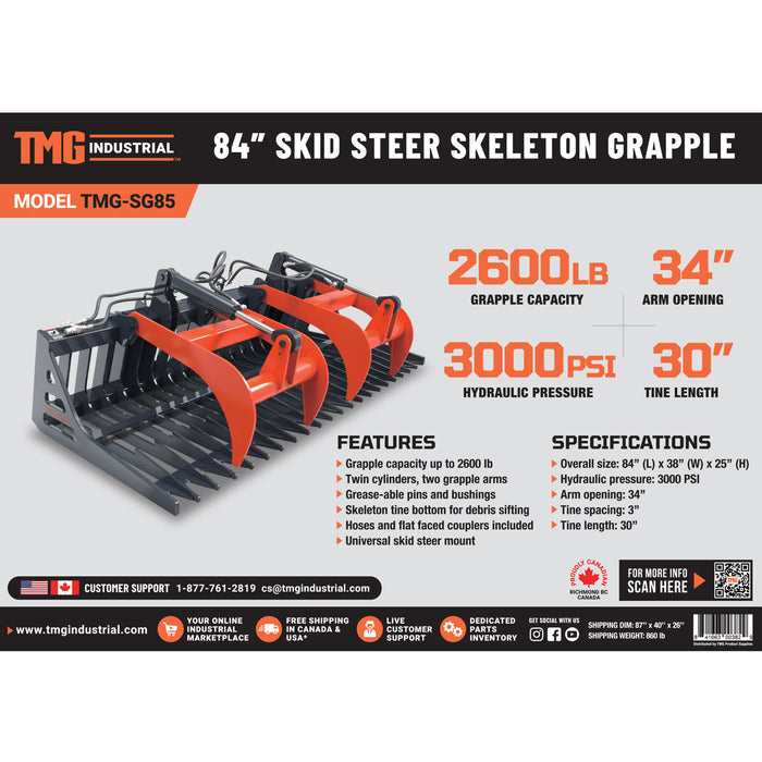 TMG Industrial 84" Skid Steer Skeleton Grappin, montage universel, ouverture de bras de 34", espacement des dents de 3", capacité de poids de 2600 lb, TMG-SG85