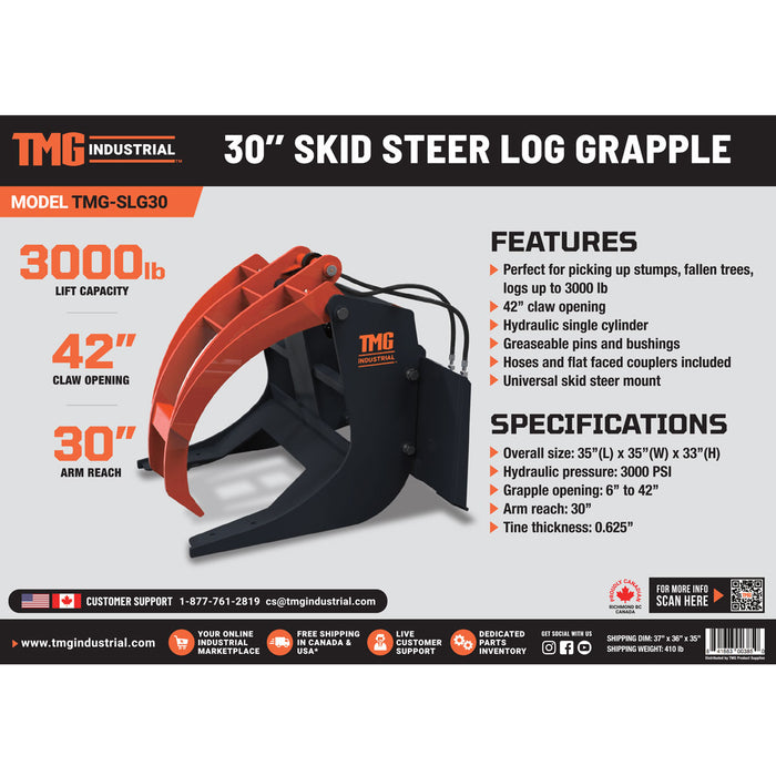 TMG Industrial 30" Skid Steer Log Grappin Attachment, Ouverture de griffe de 42", Capacité de grappin de 3000 lb, Montage universel, TMG-SLG30