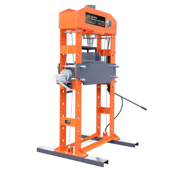TMG Industrial 75 Ton Capacity Hydraulic Shop Press, Heavy Duty Pressing, Fully Welded H-Frame, Air & Manual Dual Operation, TMG-SP75
