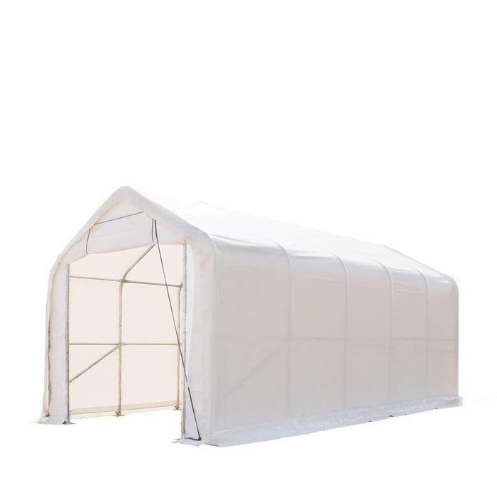 TMG Industrial 15’ x 25’ RV/Motorhome Storage Shelter, 17 oz PVC Fabric Cover, Front Roll-Up Door, Enclosed Rear Wall, 3-Layer Galvanized Steel Frame, 10’ Straight Sidewalls, TMG-ST1525