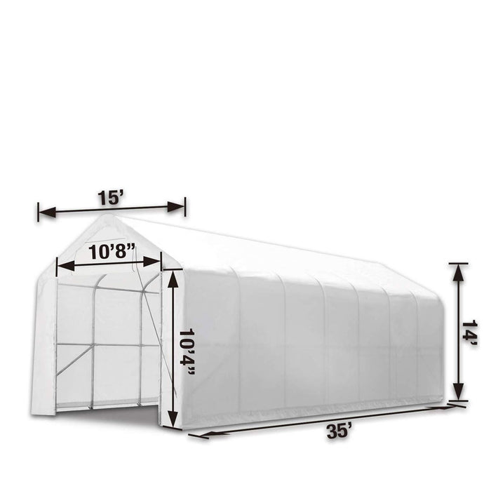 TMG Industrial 15’ x 35’ RV/Motorhome Storage Shelter, 17 oz PVC Fabric Cover, Front Roll-Up Door, Enclosed Rear Wall, 3-Layer Galvanized Steel Frame, 10’ Straight Sidewalls, TMG-ST1535