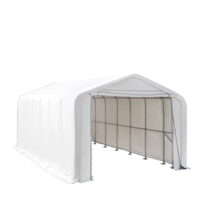 TMG Industrial 18’ x 30’ RV/Motorhome Storage Shelter, 17 oz PVC Fabric Cover, Front Roll-Up Door, Enclosed Rear Wall, 3-Layer Galvanized Steel Frame, 13’ Straight Sidewalls, TMG-ST1830