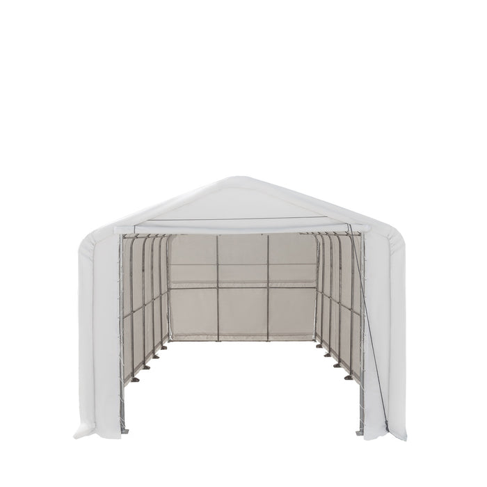 TMG Industrial 18’ x 30’ RV/Motorhome Storage Shelter, 17 oz PVC Fabric Cover, Front Roll-Up Door, Enclosed Rear Wall, 3-Layer Galvanized Steel Frame, 13’ Straight Sidewalls, TMG-ST1830