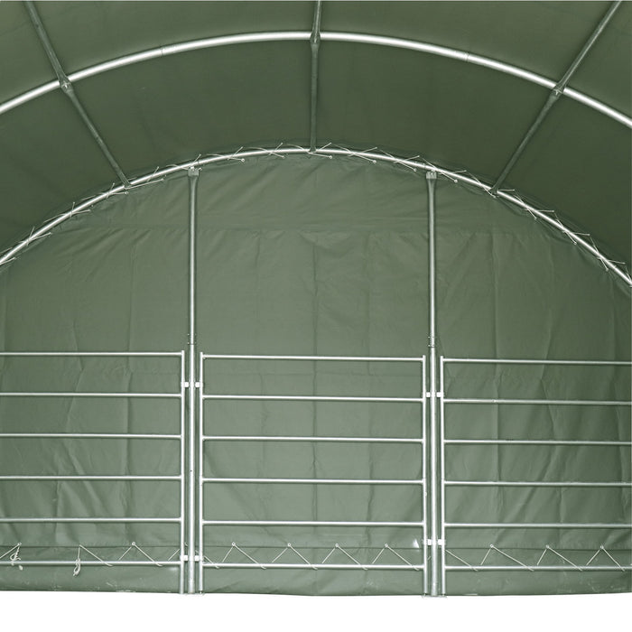 TMG Industrial 20' x 20' Abri de corral pour bétail, structure enduite de poudre, toit en dôme de 12', revêtement en tissu PVC vert militaire de 17 oz, panneaux de corral à 6 barres, porte pivotante avant de 5', TMG-ST2020L