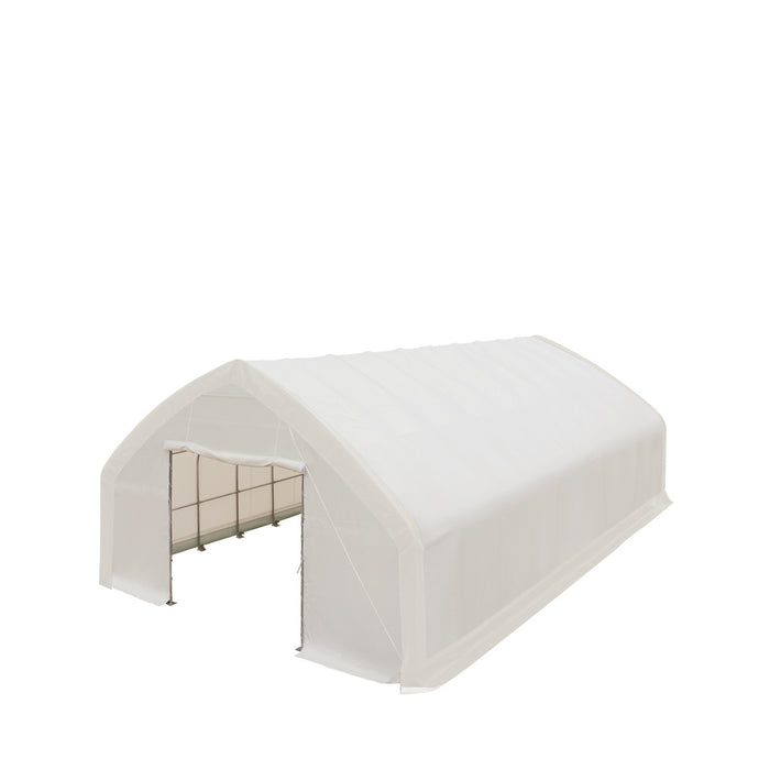 TMG Industrial 30' x 50' Straight Wall Peak Ceiling Storage Shelter with Heavy Duty 17 oz PVC Cover & Drive Through Doors, TMG-ST3050V