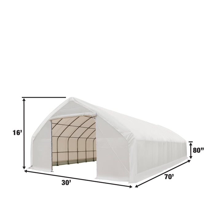 TMG Industrial 30' x 70' Straight Wall Peak Ceiling Storage Shelter with Heavy Duty 17 oz PVC Cover & Drive Through Doors, TMG-ST3070V