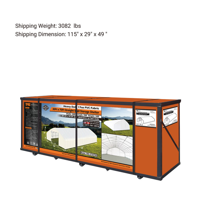 TMG Industrial 30' x 70' Straight Wall Peak Ceiling Storage Shelter with Heavy Duty 11 oz PE Cover & Drive Through Doors, TMG-ST3070E(Previously ST3070)
