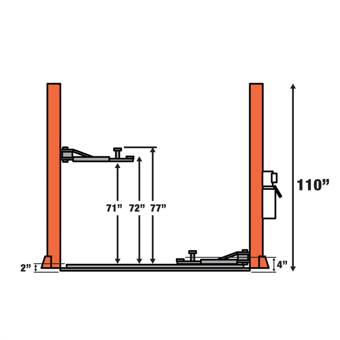 TMG Industrial 10 000 lb Plaque de plancher à deux montants, bras symétriques, hauteur de levage de 77 po, déverrouillage à double point, TMG-TPL45