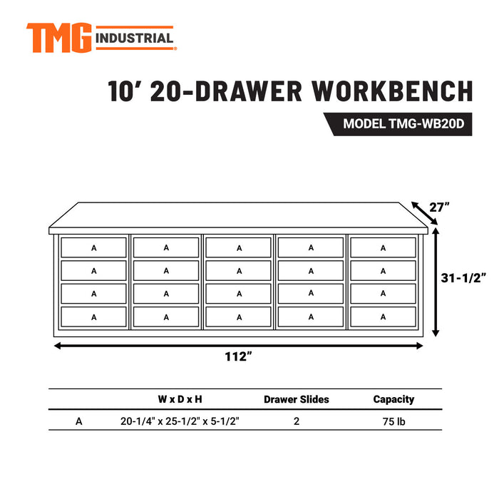 TMG-WB20D Établi de 10 pi à 20 tiroirs avec serrures à clé identique