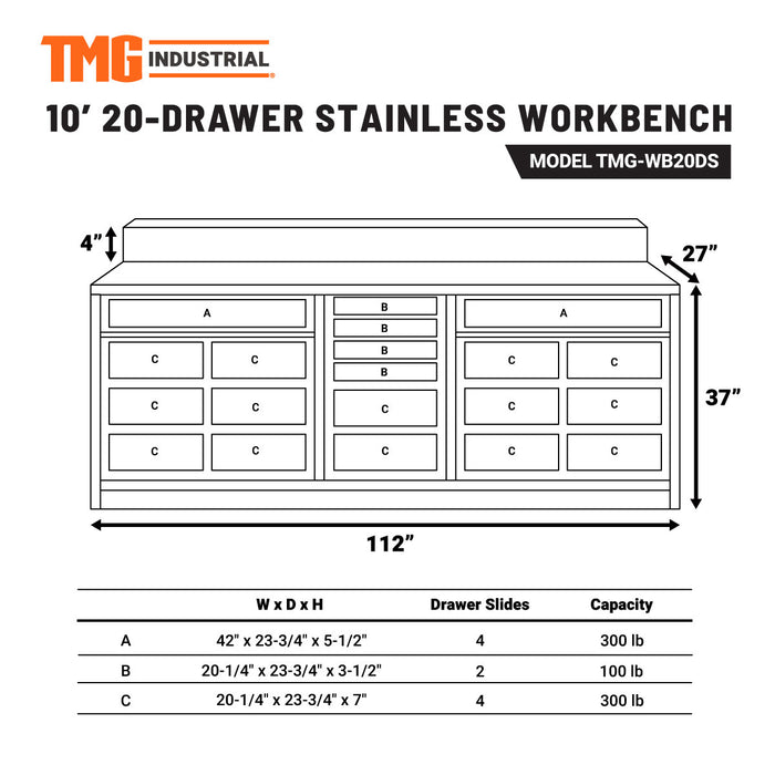 TMG Industrial Pro Series Établi de table en acier inoxydable de 10 pieds à 20 tiroirs, façades de tiroirs revêtues de poudre, tiroirs verrouillables à double glissière, cadre soudé tout-en-un, TMG-WB20DS