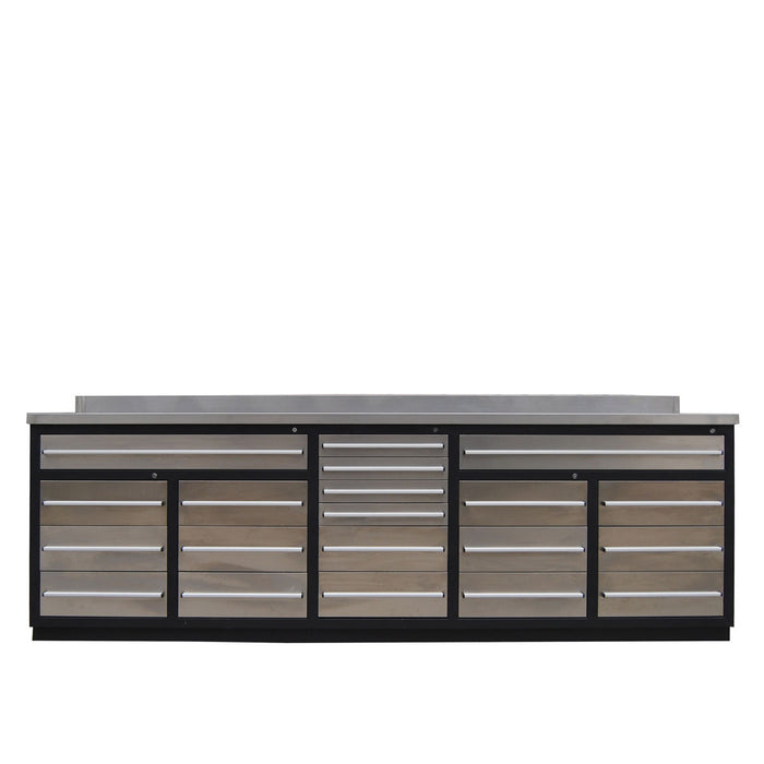 TMG Industrial Pro Series Établi à 20 tiroirs de 10 pieds avec dessus de table et façades de tiroirs en acier inoxydable, tiroirs verrouillables à double glissière, cadre soudé tout-en-un, TMG-WB21DS