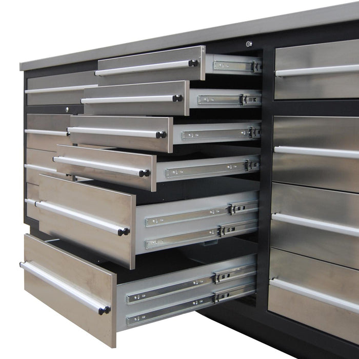 TMG Industrial Pro Series Établi à 20 tiroirs de 10 pieds avec dessus de table et façades de tiroirs en acier inoxydable, tiroirs verrouillables à double glissière, cadre soudé tout-en-un, TMG-WB21DS
