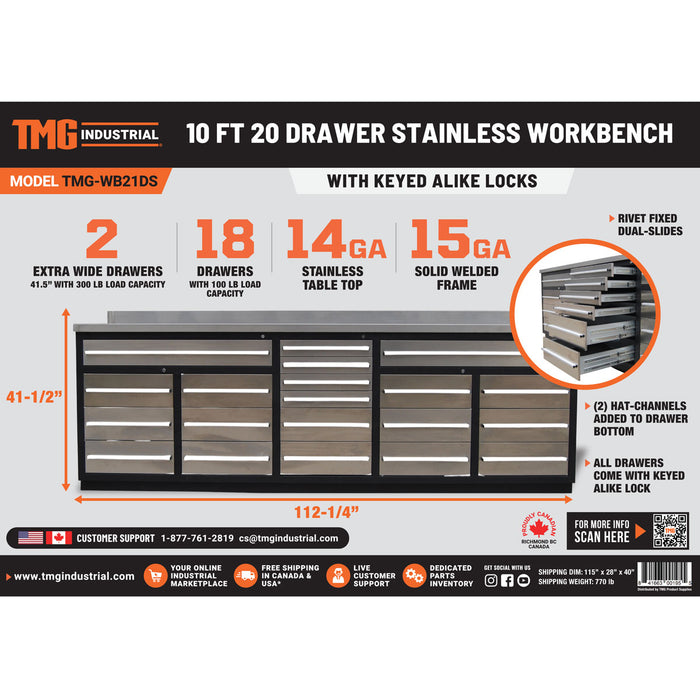 TMG Industrial Pro Series 10-FT 20 Drawer Workbench with Stainless Table Top and Drawer Fronts, Double Slide Lockable Drawers, All-in-One Welded Frame, TMG-WB21DS