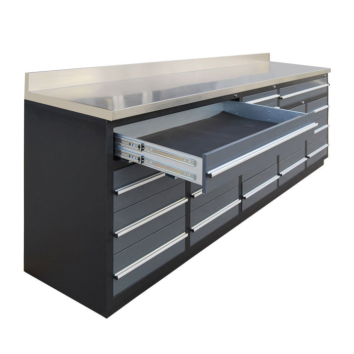 TMG Industrial Pro Series 10-FT 20 Drawer Stainless Steel Table Top Workbench, Powder Coated Drawer Fronts, Double Slide Lockable Drawers, All-in-one Welded Frame, TMG-WB20DS