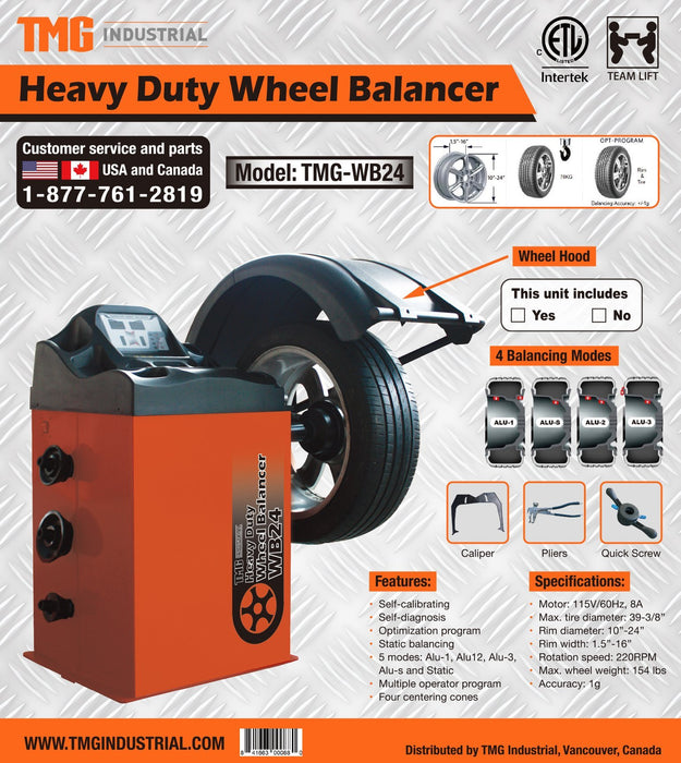 TMG Industrial Self-Calibrating Wheel Balancer with Protection Hood, 10”-24” Rim Diameter, Computerized, +/- 1 g of Accuracy, ALU Balancing Modes, TMG-WB24H
