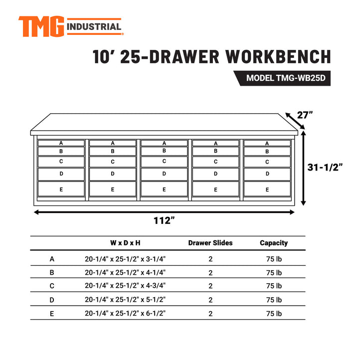 TMG-WB25D 10' 25-Drawer Workbench with Keyed Alike Locks