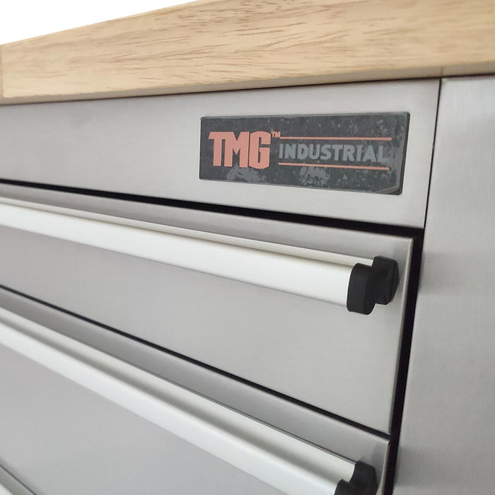 TMG Industrial 48” Stainless Steel Rolling Workbench, Rubberwood Tabletop, Lockable Drawers and Cabinet, Locking Wheels, TMG-WB4804S