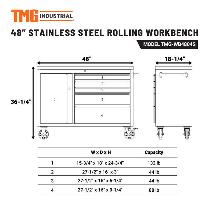 TMG Industrial 48" Établi roulant en acier inoxydable, plateau en bois d'hévéa, tiroirs et armoire verrouillables, roues verrouillables, TMG-WB4804S