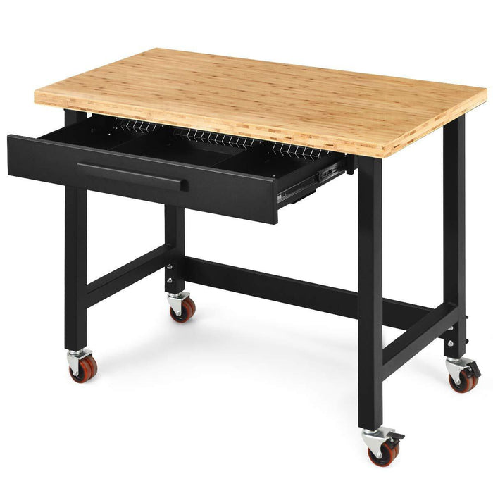 TMG-WB482D Établi de table en bambou de 48 po avec roulettes verrouillables et grand tiroir - Cadre en acier enduit de poudre robuste, capacité de poids de 500 lb