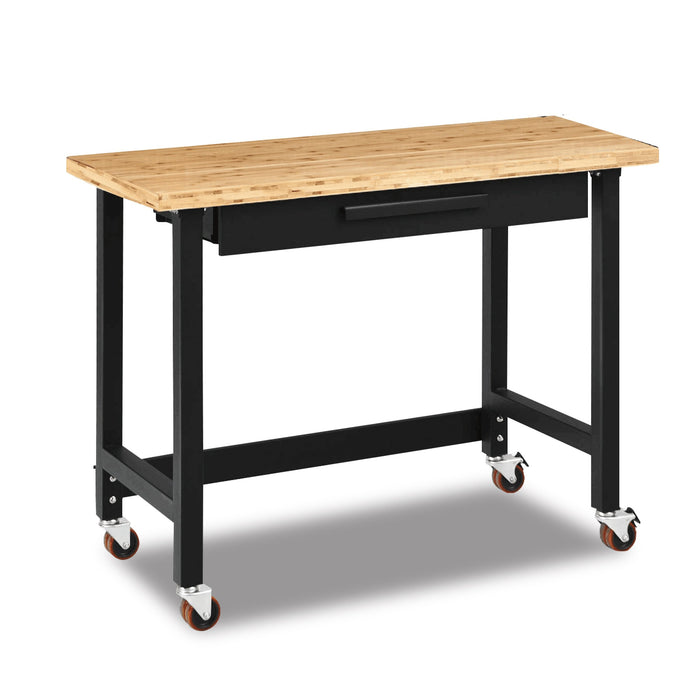 TMG-WB482D 48" Bamboo Tabletop Workbench with Lockable Caster Wheels and Large Drawer - Heavy-Duty Powder-Coated Steel Frame, 500 Lb Weight Capacity