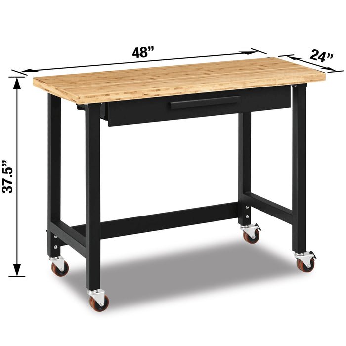 TMG-WB482D 48" Bamboo Tabletop Workbench with Lockable Caster Wheels and Large Drawer - Heavy-Duty Powder-Coated Steel Frame, 500 Lb Weight Capacity