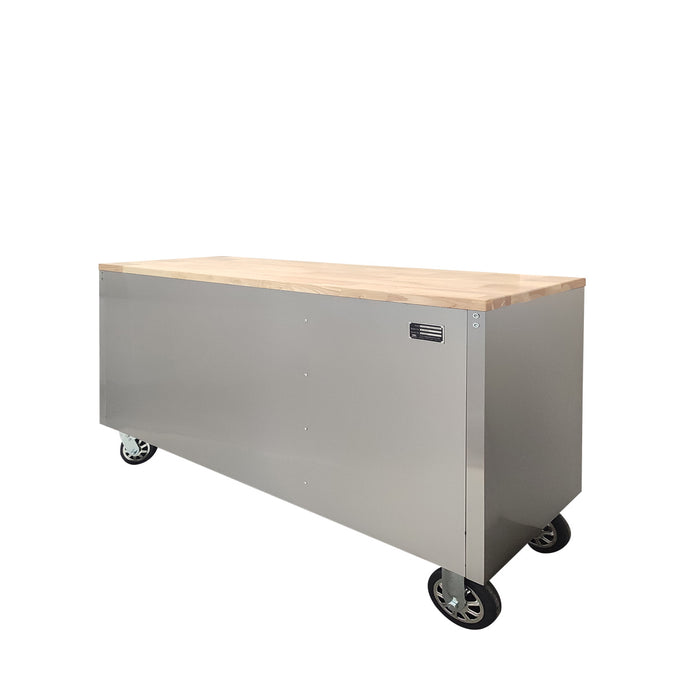TMG Industrial 55" Établi roulant en acier inoxydable, dessus de table en bois d'hévéa, tiroirs verrouillables, roues verrouillables, TMG-WB5510S