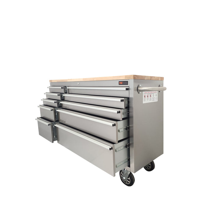 TMG Industrial 55” Stainless Steel Rolling Workbench, Rubberwood Tabletop, Lockable Drawers, Locking Wheels, TMG-WB5510S