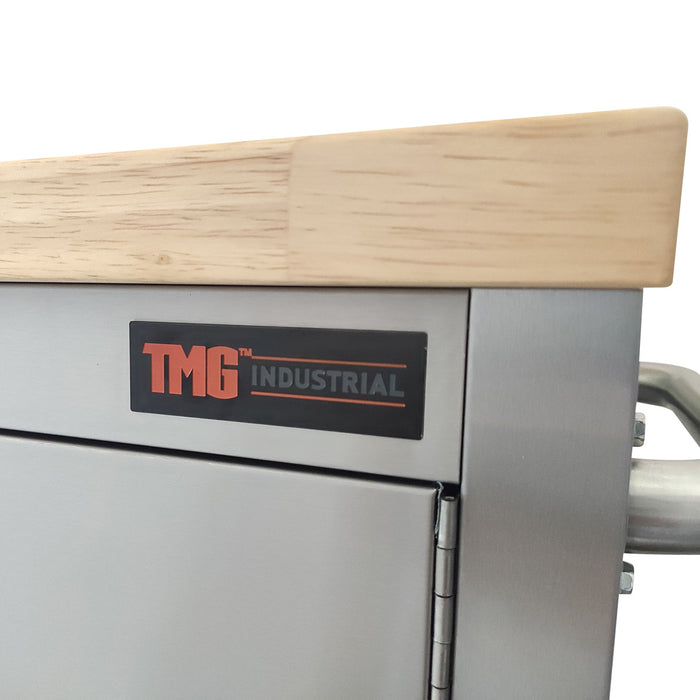 TMG Industrial 55" Établi roulant en acier inoxydable, dessus de table en bois d'hévéa, tiroirs verrouillables, roues verrouillables, TMG-WB5510S
