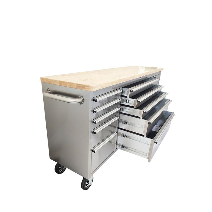 TMG Industrial 72” Stainless Steel Rolling Workbench, Rubberwood Tabletop, Lockable Drawers and Cabinet, Locking Wheels, TMG-WB7210S