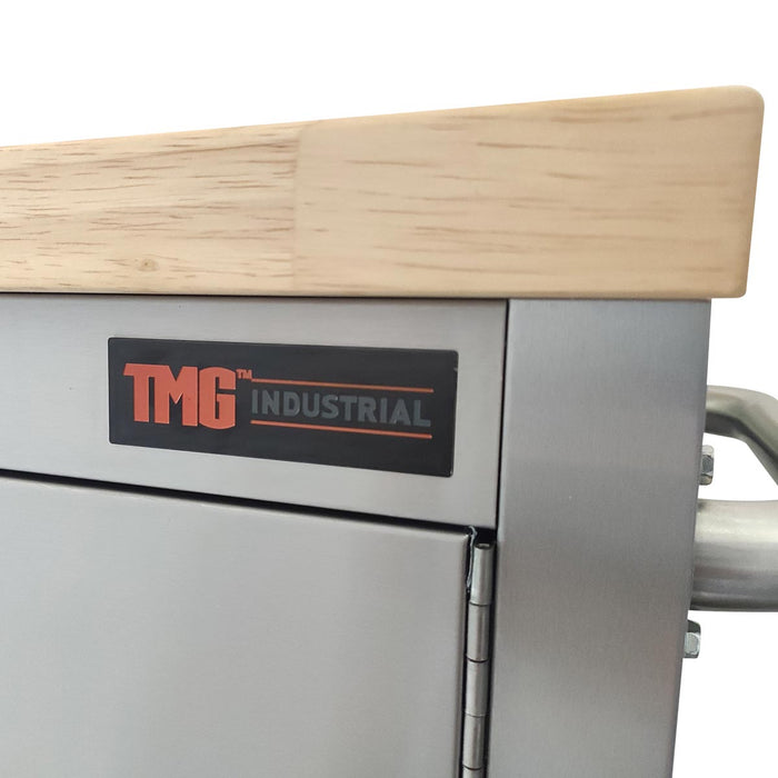 TMG Industrial 72" Établi roulant en acier inoxydable, plateau en bois d'hévéa, tiroirs et armoire verrouillables, roues verrouillables, TMG-WB7210S