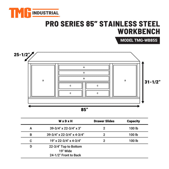 TMG Industrial Pro Series 85” Stainless Steel Workbench, 7 Lockable Drawers, 2 Storage Cabinets, Adjustable Shelving, All-in-One Welded Frame, TMG-WB85S