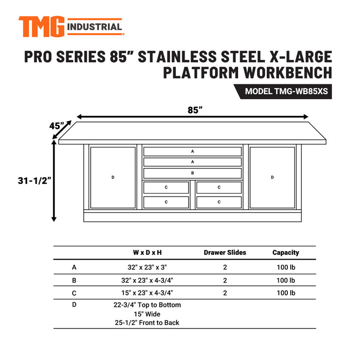 Établi à plate-forme TMG Industrial Pro Series en acier inoxydable extra-large 85" x 45", 7 tiroirs verrouillables, 2 armoires de rangement, étagères réglables, cadre soudé tout-en-un, TMG-WB85XS