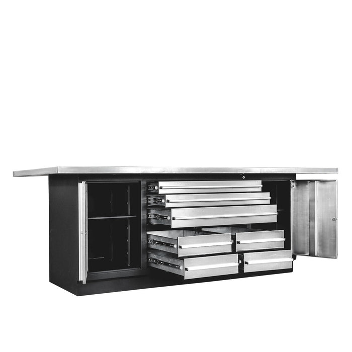 TMG Industrial Pro Series Stainless-Steel Extra-Large 85” x 45” Platform Workbench, 7 Lockable Drawers, 2 Storage Cabinets, Adjustable Shelving, All-in-One Welded Frame, TMG-WB85XS