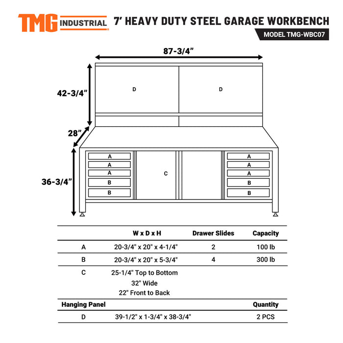 TMG Industrial 7’ Extreme Duty Steel Garage Workbench w/Pegboards, Adjustable Shelving, Power Outlets, USB Port, Magnetic Motion LED Lamps, TMG-WBC07