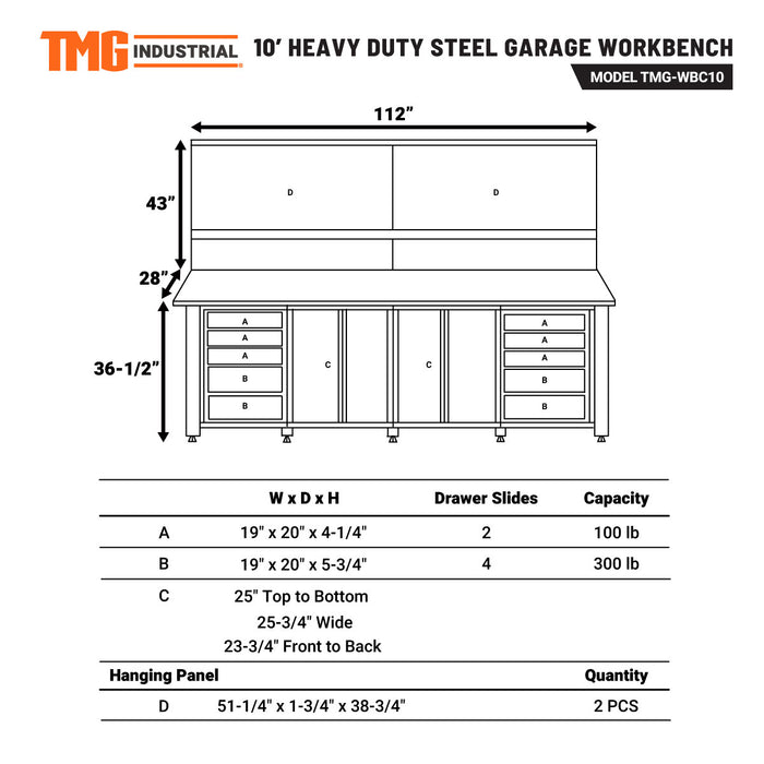 TMG Industrial 10’ Extreme-Duty Steel Garage Workbench w/Pegboards and 4" Bench Vice, Adjustable Shelving, Power Outlets, USB Port, Magnetic Motion LED Lamps, TMG-WBC10