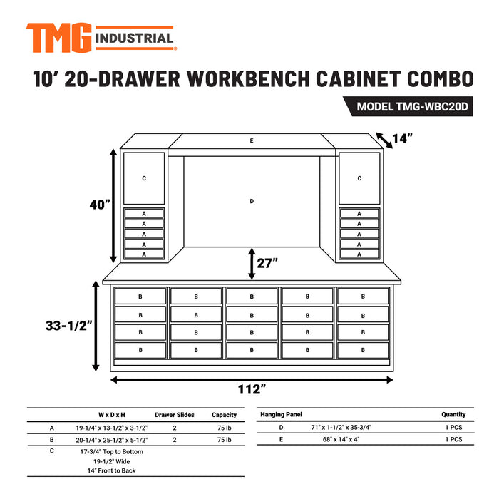 TMG-WBC20D Combo d'établi de 10 pi à 20 tiroirs avec panneaux de tiroirs en acier inoxydable