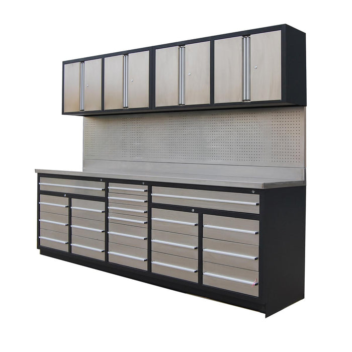TMG Industrial Pro Series 10-FT 20 Drawer Stainless Steel Workbench Cabinet Combo, Stainless Steel Tabletop, Pegboard and Drawer Fronts, 20 Lockable Drawers, Wall-Mounted Cabinets, Adjustable Shelving, Fully All-in-one Welded Frame, TMG-WBC20DS