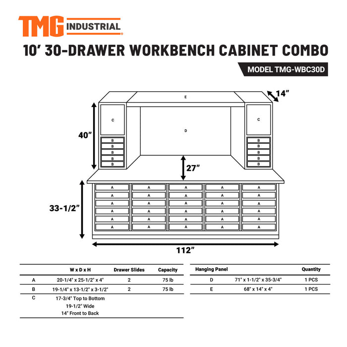 TMG-WBC30D 10' 30-Drawer Workbench Cabinet Combo with 68" Pegboard