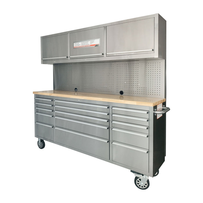 TMG Industrial Stainless Steel 72” Rolling Workbench Cabinet Combo, 15 Lockable Drawers, Wall-Mounted Cabinets, Pegboard, Adjustable Shelving, TMG-WBC72S