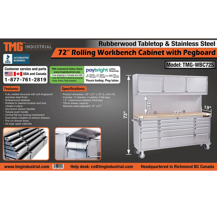 TMG Industrial Steel 72" Rolling Workbench Cabinet Combo, 15 tiroirs verrouillables, armoires murales, panneau perforé, étagères réglables, TMG-WBC72S
