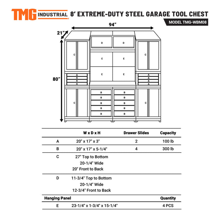 TMG Industrial 8' Coffre à outils de garage en acier ultra-résistant avec panneau perforé, 18 tiroirs et armoires multiples, prises de courant, port USB, lampes LED à mouvement magnétique, TMG-WBM08